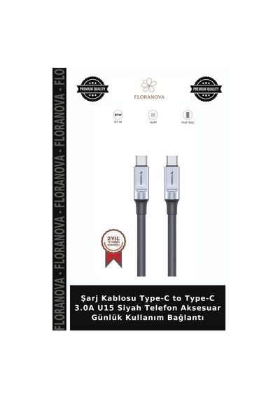 Şarj Kablosu Type-c To Type-c 3.0a U15 Siyah Telefon Aksesuar Günlük Kullanım Bağlantı
