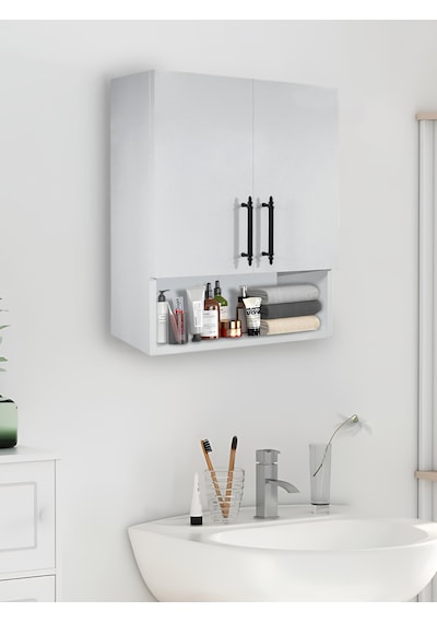 Ahşap Modern 2 Kapaklı Beyaz Lavabo Üstü Raflı Banyo Dolabı Beyaz