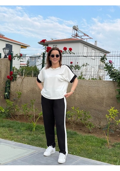 Efnaz Style Kadın Kısa Kollu Modal Dokulu Kumaş Yanı Şeritli Takım Siyah
