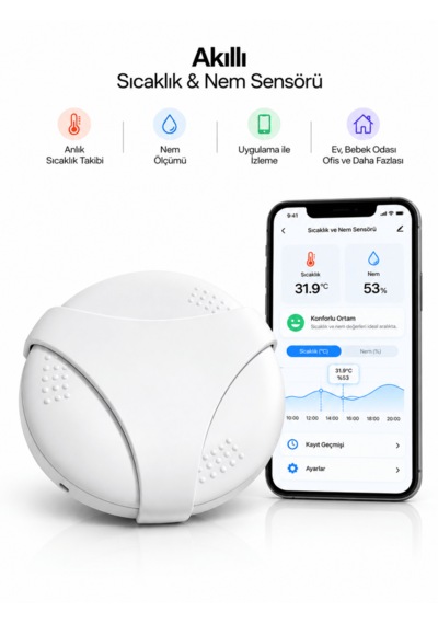Fletvi Smart Akıllı Isı Ve Nem Sensörü Anlık Bildirim Uygulamadan Takip Uyarılı Ortam Algılayıcı Isı Nem Dedektörü Cihazı