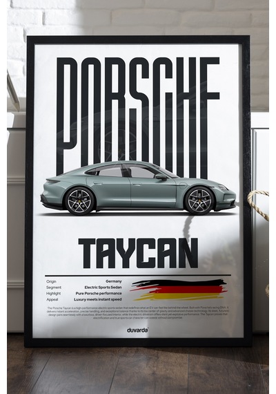 Porsche Taycan Araba Siyah Ahşap Çerçeveli Poster, Dekoratif Duvar Tablosu