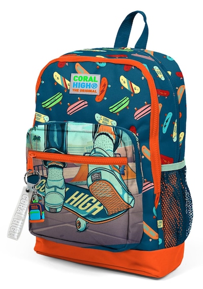 Coral High Kids Çivit Neon Turuncu Kaykay Desenli Dört Bölmeli Okul Sırt Çantası 23723