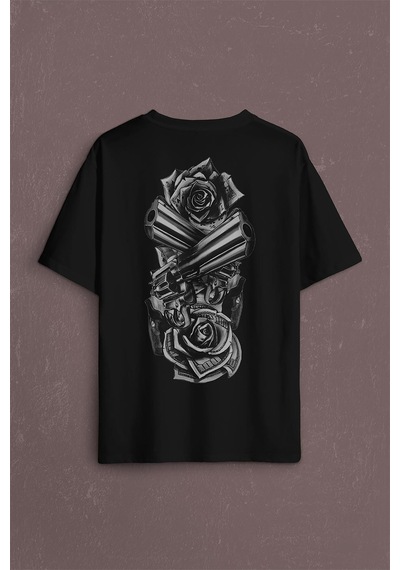 Smith Wesson Revolver Gungs Tabanca Gül Beyaz Sırt Ön Baskılı Oversize Tişört Unisex T-shirt 001