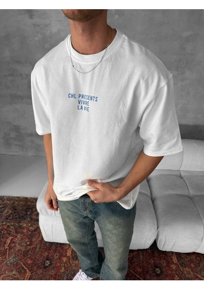 Erkek Ön Ve Arka Baskılı T-shirt Kısa Kol Bisiklet Yaka Regular Fit Tişört - Beyaz