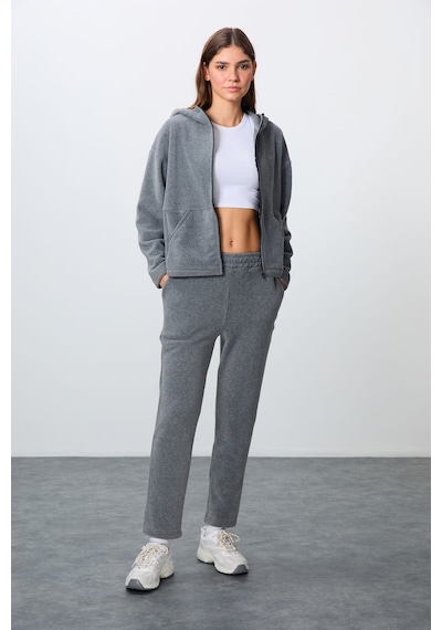 Tommy Life Gri Melanj Kalın Yumuşak Dokulu Kapüşonlu Oversize Nakışlı Polar Kadın Eşofman Takım -95338 GRİ MELANJ