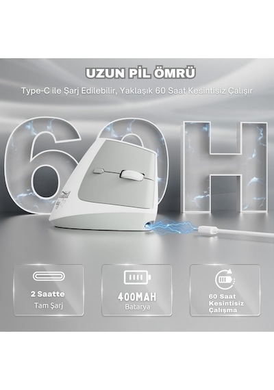 İ300 Kablosuz Ergonomik Dikey Mouse- 84gr-sessiz Tıklama- 57 Açı-16.000 Dpı Diğer
