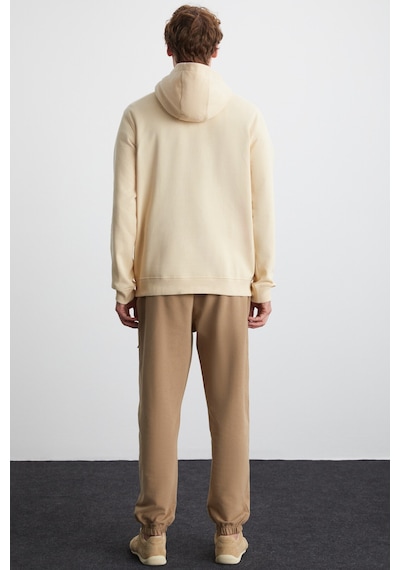 Grımelange Cartmel  Erkek Örme 3 Iplik Relaxed Fit Rahat Kalıp Kanguru Cepli Kapüşonlu Bej Sweatshirt