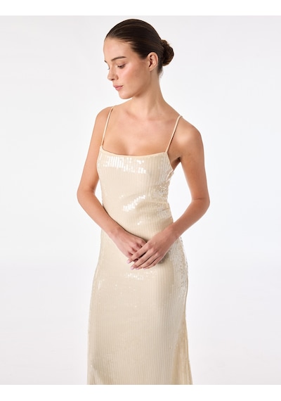 Koton Slim Fit İp Askılı Pullu Payetli Uzun Bodycon Elbise Bej 6sak80032ek Ekru