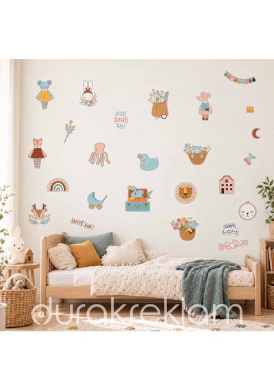 Sevimli Hayvanlar Çocuk Ve Bebek Odası Duvar Sticker Seti Kokusuz, Silinebilir Folyo Baskes Etiket Çok Renkli