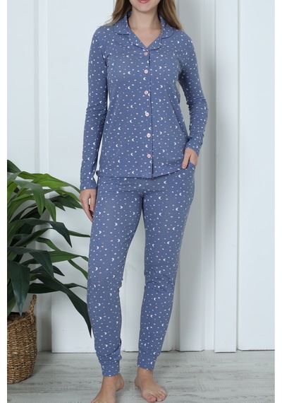 Nicoletta Kadın Pijama Uzun Kollu Düğmeli Pijama Takımı C Nıc1100 İndigo