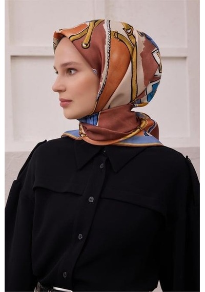 Belli Tivil Saf İpek Eşarp 4205 - 03 Bebe Mavi Soyut Desen Krem