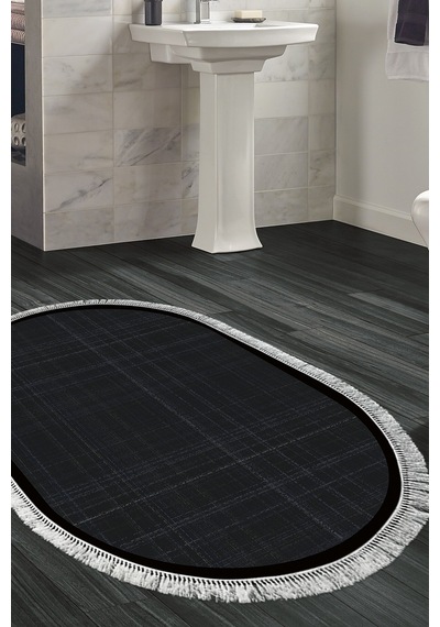 Kaymaz Taban Djt Banyo Mutfak Salon Halı Star Pamuk Saçaklı Oval Dokuma Desen E5007 Antrasit