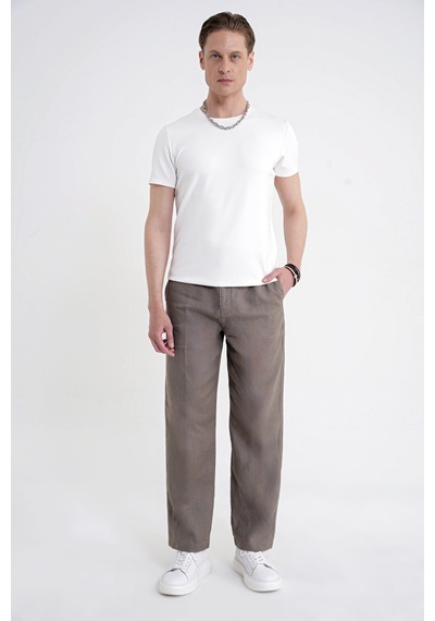 Oversize Kalıp Yan Cep Beli Lastikli Haki Keten Pantolon P 1216