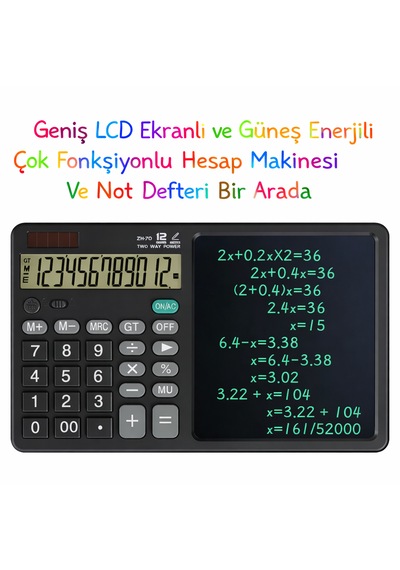 Geniş Lcd Ekranlı Ve Güneş Enerjili Ofis Ve Eğitim İçin Çok Fonksiyonlu Hesap Makinesi Ve Not Defteri Birarada Siyah