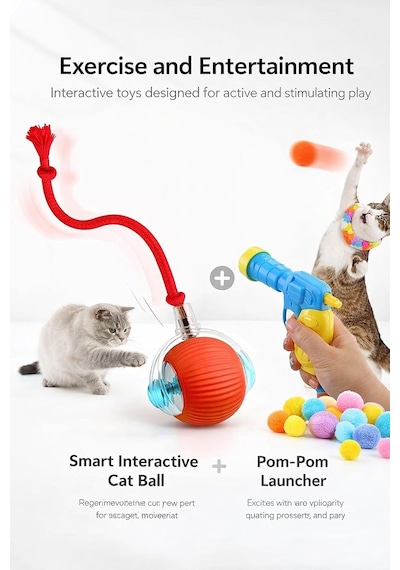Ayrex Usb Şarjlı Akıllı Led İnteraktif Kedi Topu Ve Peluş Top Fırlatma Tabancası Seti, 20 Adet Peluş Toplu Kedi