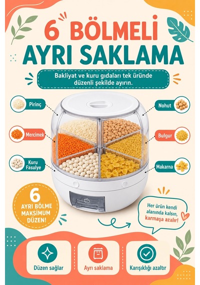 Tek Tuşla Kullanılan Şeffaf Kapaklı Bakliyat Saklama Kabı 6 Bölmeli Döner Hazneli