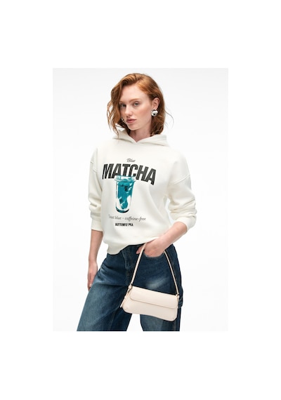 Grimelange YANMESA Kadın Oversize Baskı Ve Nakış Detaylı Uzun Kollu Kapüşonlu Beyaz Sweatshirt