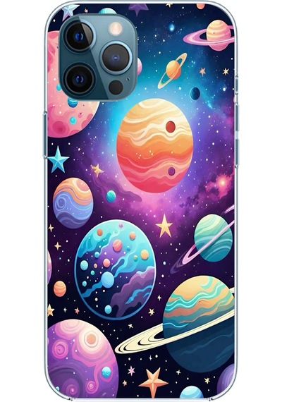 Apple Uyumlu iPhone 12 Pro Max  Uzay, Gezegen Ve Yıldız Desenli Baskılı Silikon Kılıf Renkli