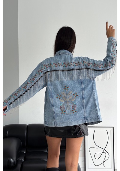 Femelle Kadın Çıtçıt Düğmeli Taş Püsküllü Komple Nakış İşlemeli Denim Ceket mavi