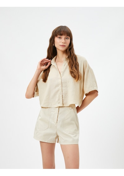Koton Crop Kısa Kollu Gömlek Düğmeli Rahat Kesim Bej 3sak60497pw Ekru