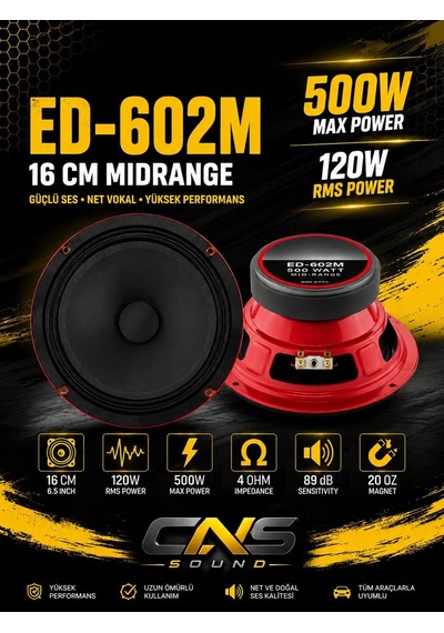 Edison Ed-602m 16 Cm 6.5 Midrange Speaker Pair 500w Max 120w Rms 4 Ohm High Performance Car Audio Speakers