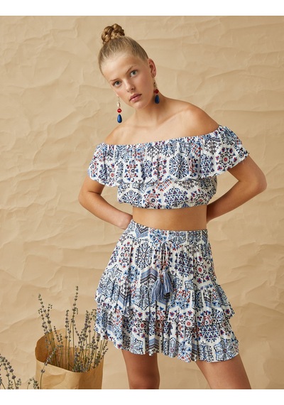 Koton Etnik Desenli Fırfırlı Omzu Açık Crop Bluz Mavi Desenli 2sak60207ew 2SAK60207EW03V