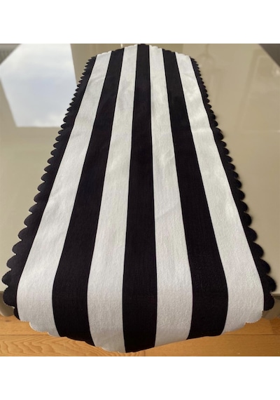 Siyah Beyaz Çizgili 40x140 CM Lazer Kesim Runner 140 x 40 -Dikdörtgen-Siyah-Beyaz