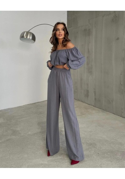 Fashion Cocktail Düşük Omuz Yazlık Lastikli Bohem Sahil Pantolon Krop Göbek Açık Kadın Takım Gri