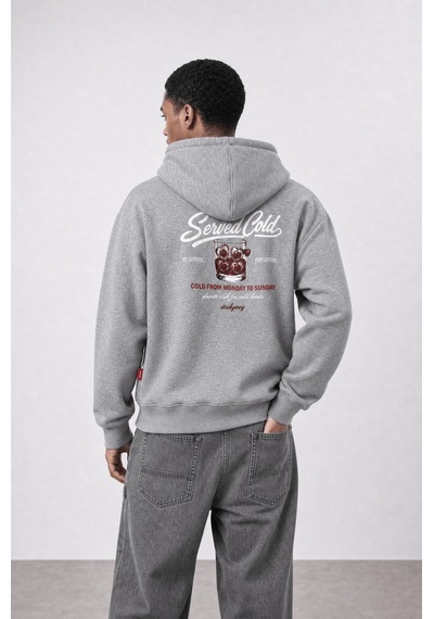 Respire Erkek Served Cold Baskılı Oversize Hoodie Melanj Gri Melanj