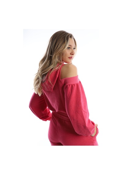 Kadın Kapüşonlu Omuz Dekolteli Sweatshirt Pembe