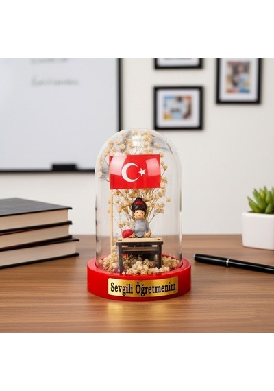 Türk Bayraklı Sıralı Ters Fanus - Öğretmenler Günü Hediyesi Hediyelik Sürpriz Hediye Masa Süsü