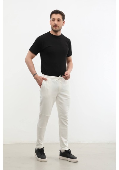 Blue White Erkek Beli Lastikli Likralı Pantolon Beyaz