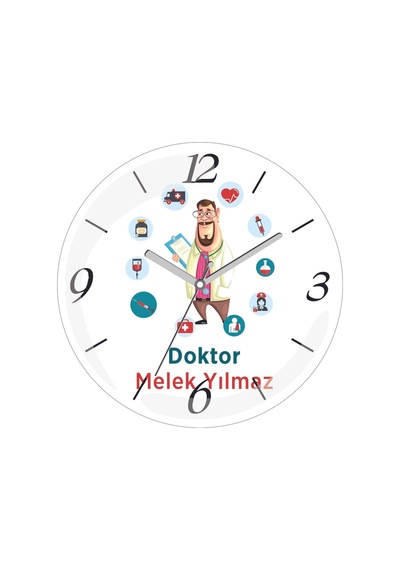 Kişiye Özel Erkek Doktor Çap 30 Bombeli Gerçek Cam Duvar Saati Siyah