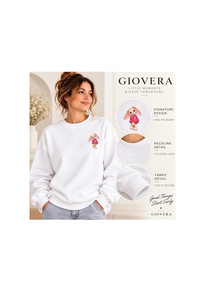 Gıovera Premium Kadın Oversize Sweatshirt Sevimli Tavşan Baskılı Beyaz Bisiklet Yaka