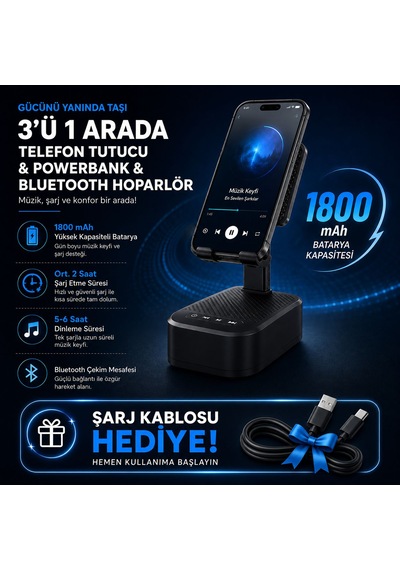 3 Ü 1 Arada Bluetooth Hoparlör Powerbank Ve Telefon Tutucu Özellikli Tf Kart Ve Usb Bellek Destekli Telefon Tutuculu Bluetooth Hoparlör