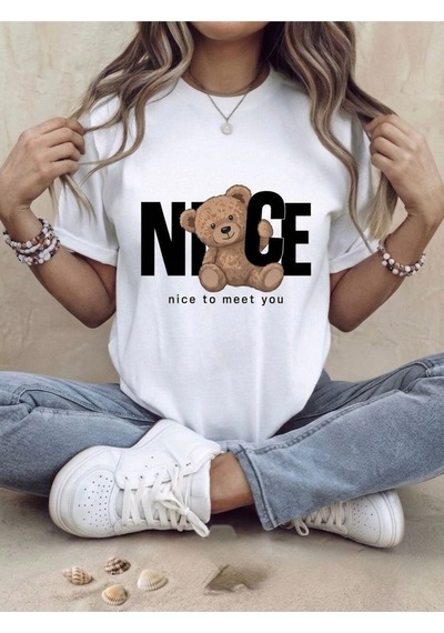 Ayıcık Figürlü Nice To Meet You Yazılı Oversize T-shirt Beyaz