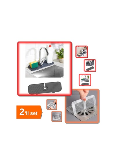 Esnek Musluk Lavabo Su Tutucu Matı + 10 Adet Yapışkanlı Banyo Gider Koruyucu - 2li Set P9s1n5 Belirt Diğer