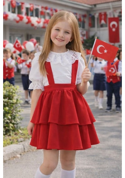Miniko Kids 23 Nisan Kız Çocuk Kısa Kol Detaylı Bayramlık Salopet Etekli Takım Kırmızı