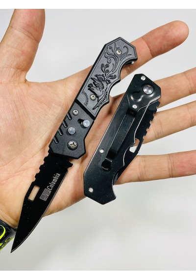 Kuş Desenli Düğmeli Mini Kamp Çakı-15 CM Siyah