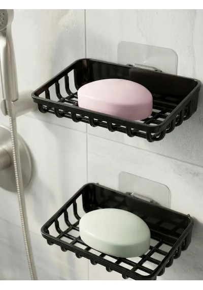 2'li Set Yapışkanlı Banyo Sabunluk, Katı Sabun Tutacağı, Lavabo Mutfak Katı Sabunluk Süngerlik Siyah