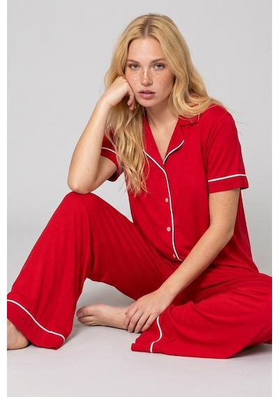 Siyah İnci Kadın Kısa Kollu Pamuklu Düğmeli Biyeli Pijama Takım Kırmızı Siyah İnci Kadın Kısa Kollu Pamuklu Düğmeli Biyeli Pijama Takım Kırmızı
