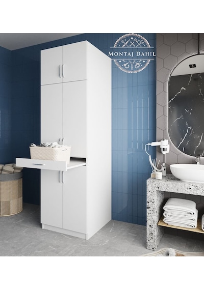 Piramit Çamaşır Ve Kurutma Makinesi Dolabı Banyo Dolabı Beyaz Beyaz