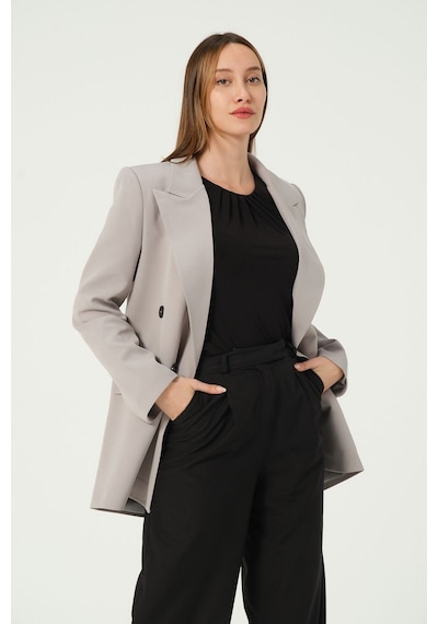 Gri Regular Astarlı Kruvaze Kapama Dokuma Blazer Ceket 001