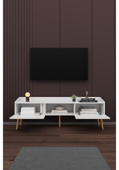 Asra Trend Tv Ünitesi Tv Sehpası T-28 %100 MDF Ayaklı Modern Medya Ünitesi Beyaz