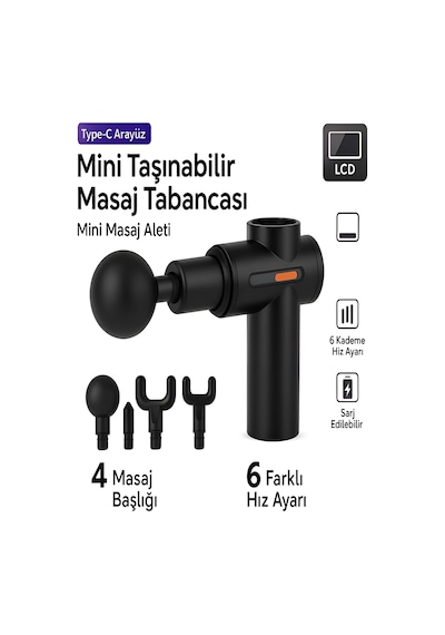 Amg017 Taşınabilir Sessiz Mini Masaj Aleti - 6 Hız Ayarlı, Lcd Ek Siyah