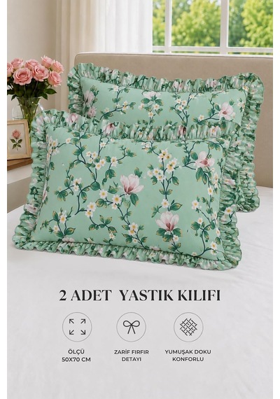 2'li Pamuklu Fırfırlı Yastık Kılıfı 50x70 Cm Yeşil Genel