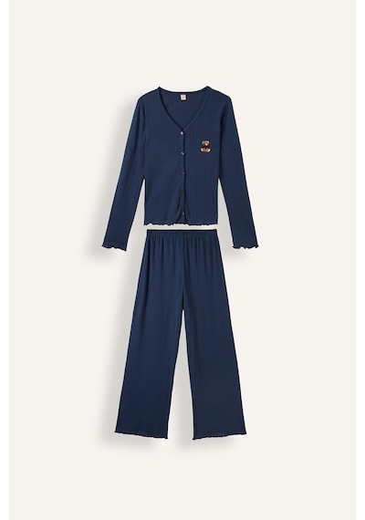 Defacto Regular Fit Uzun Kollu Hırka Üst Geniş Paça Alt Pijama Takımı H4375ax26aunv241 Lacivert-nv241