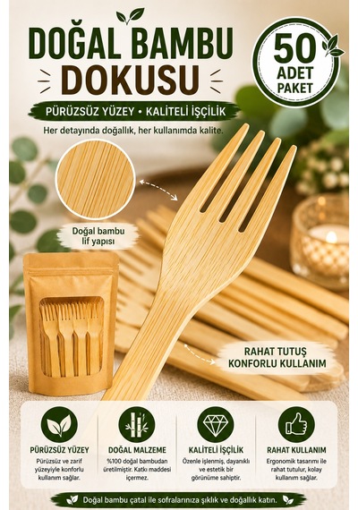 50'li Doğal Bambu Çatal 17 Cm Kullan At Parti Davet Piknik Baby Shower İkramlık Sunum Seti