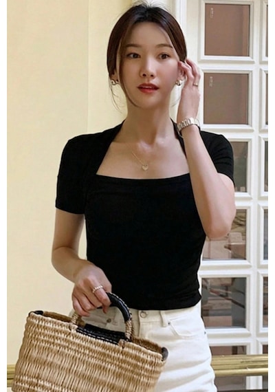 Kadın Haki Kuğu Yaka Slim Kısa Kollu Fit Crop Bluz Siyah