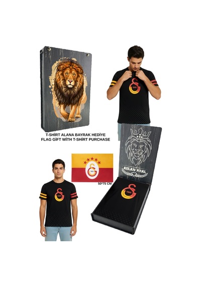 Gsstore Galatasaray Lisanslı Logo Baskılı Siyah T-shirt Bayrak Ve Uv Kutu Siyah